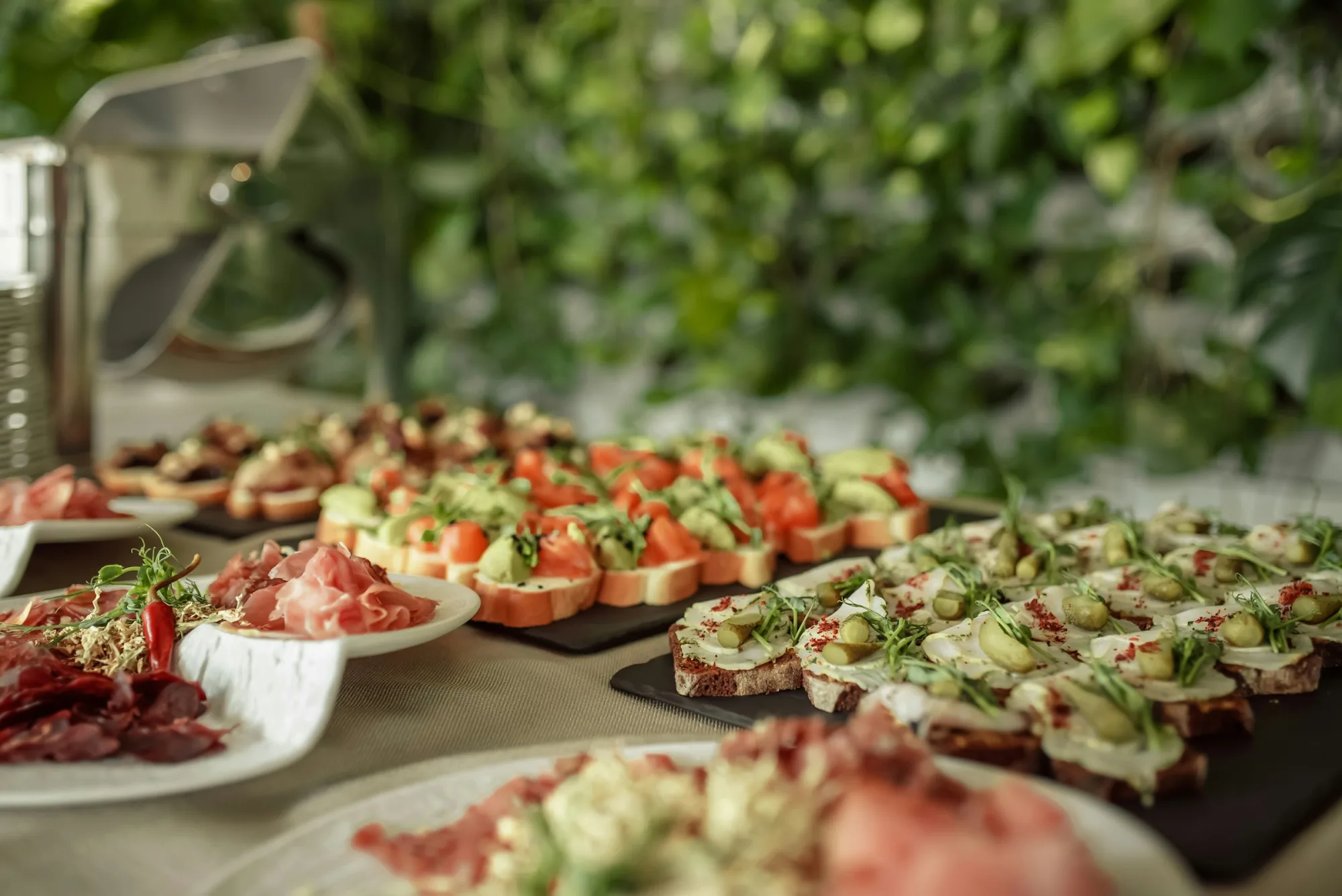 Buffet with delicious looking appetizers and snacks.