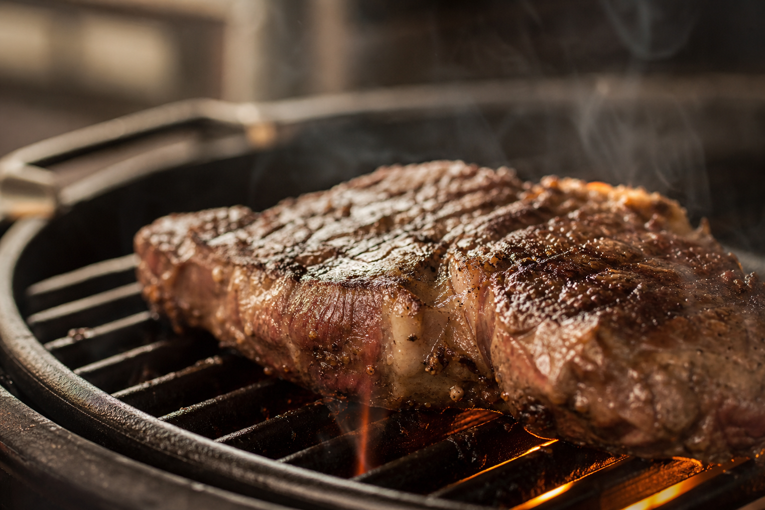 Corte de carne jugoso a la parrilla con llamas, textura dorada y humo. Transmite calor, autenticidad y apetito de comida fresca preparada al fuego.