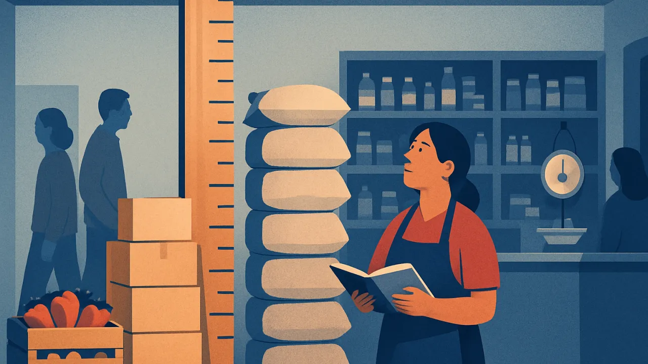 Ilustración de una bodega peruana donde la dueña compara la altura de sus mercaderías con una gran regla de medición apoyada en el suelo, como metáfora de la UIT usada como unidad de referencia.