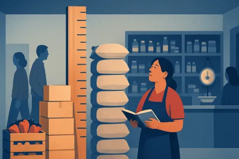 Ilustración de una bodega peruana donde la dueña compara la altura de sus mercaderías con una gran regla de medición apoyada en el suelo, como metáfora de la UIT usada como unidad de referencia.