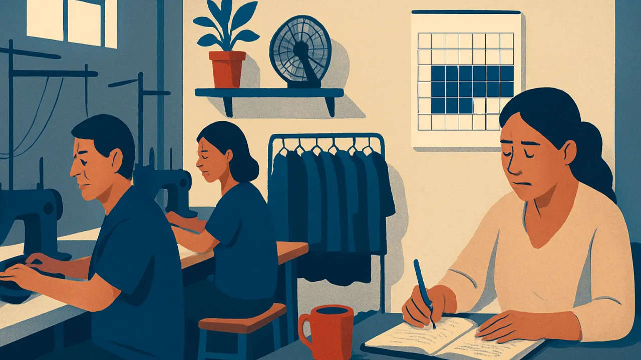 Ilustración del interior de un taller de confecciones peruano: la dueña revisa un cuaderno en su escritorio mientras dos trabajadores cosen, con un calendario de pared con varios días marcados en naranja.