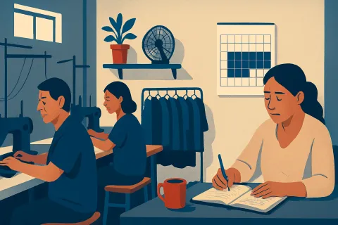 Ilustración del interior de un taller de confecciones peruano: la dueña revisa un cuaderno en su escritorio mientras dos trabajadores cosen, con un calendario de pared con varios días marcados en naranja.