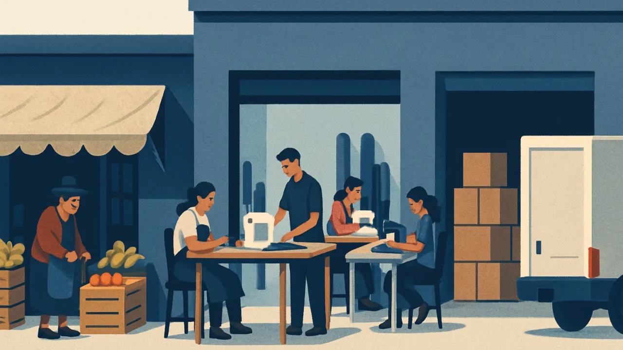 Ilustración de una calle peruana con tres negocios de tamaño creciente: una bodega de barrio, un taller de confecciones y un almacén de distribución con camión de reparto.