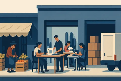 Ilustración de una calle peruana con tres negocios de tamaño creciente: una bodega de barrio, un taller de confecciones y un almacén de distribución con camión de reparto.