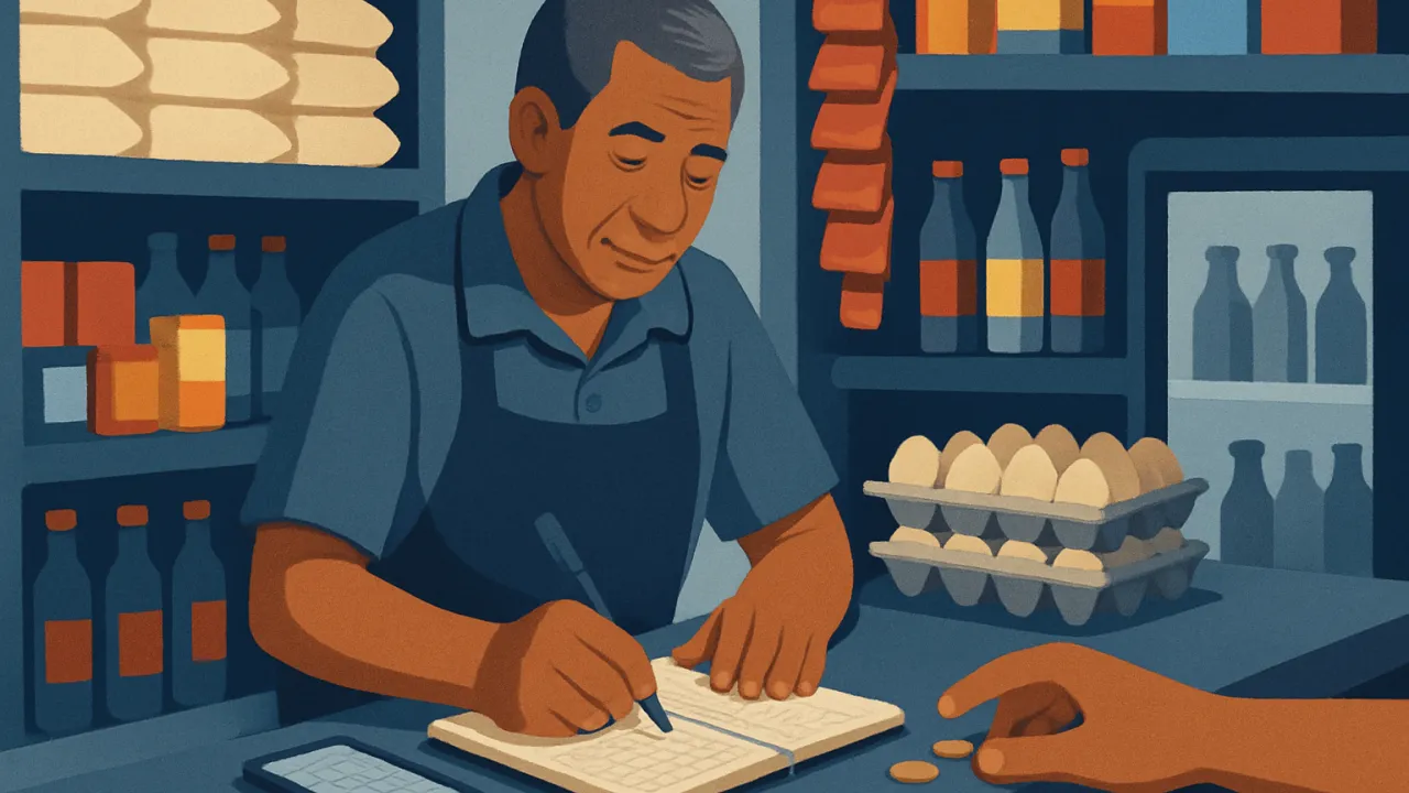 Bodeguero anota una venta en su cuaderno junto al mostrador de una bodega de barrio, con el celular al costado mostrando una hoja de cálculo en blanco.