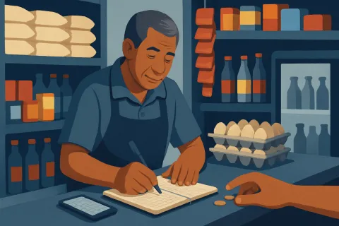 Bodeguero anota una venta en su cuaderno junto al mostrador de una bodega de barrio, con el celular al costado mostrando una hoja de cálculo en blanco.