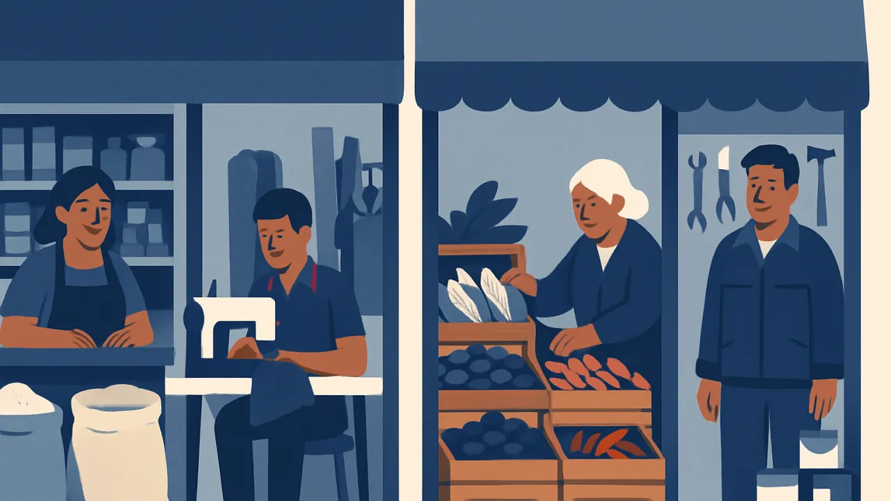 Cuatro negocios peruanos alineados en una misma calle —una bodega de barrio, un taller de confecciones, un puesto de mercado y una ferretería— cada uno atendido por su dueño o dueña.