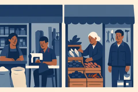 Cuatro negocios peruanos alineados en una misma calle —una bodega de barrio, un taller de confecciones, un puesto de mercado y una ferretería— cada uno atendido por su dueño o dueña.