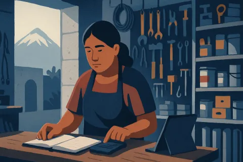 Dueña de una ferretería de barrio en Arequipa revisa las cuentas del año en el mostrador, con un cuaderno y una calculadora, rodeada de estantes con herramientas y latas de pintura.