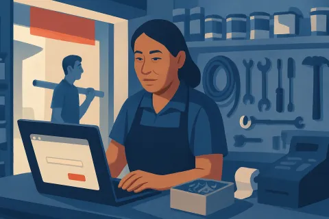 Dueña de una ferretería consulta desde su laptop, apoyada en el mostrador del negocio, el estado de registro de su empresa.